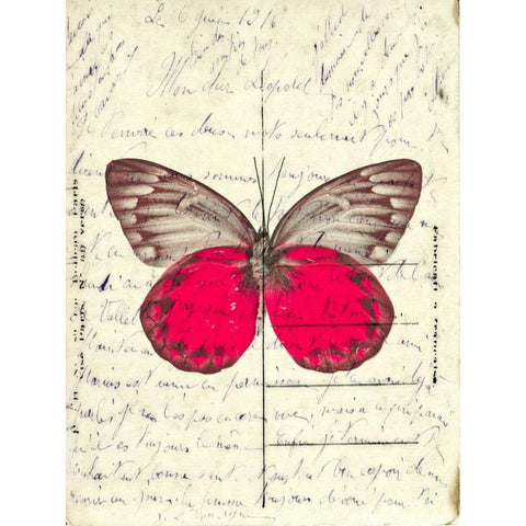 Handwritten old postcard with butterfly White Modern Wood Framed Art Print by Frank, Assaf