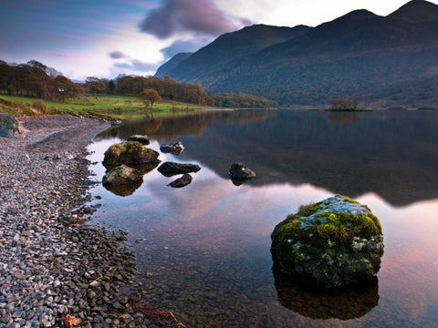 Rocks and still lake Black Ornate Wood Framed Art Print with Double Matting by Frank, Assaf