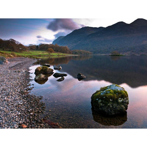 Rocks and still lake Black Modern Wood Framed Art Print with Double Matting by Frank, Assaf