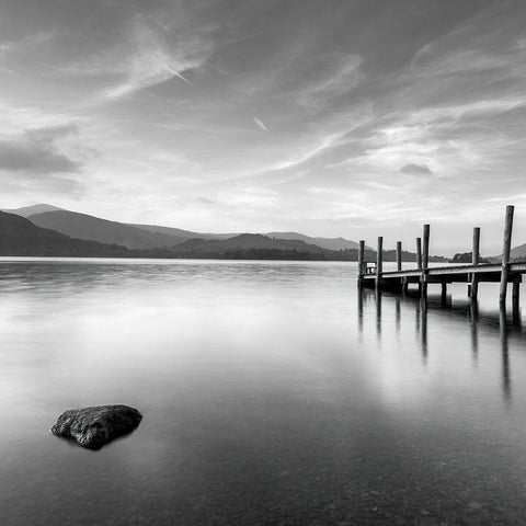 Pier on still lake Black Modern Wood Framed Art Print with Double Matting by Frank, Assaf