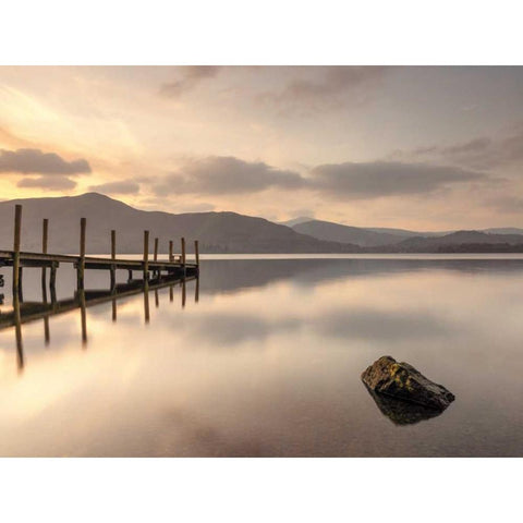 Pier on still lake White Modern Wood Framed Art Print by Frank, Assaf