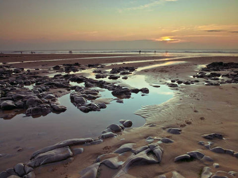 Rock pools on the beach at dusk White Modern Wood Framed Art Print with Double Matting by Frank, Assaf