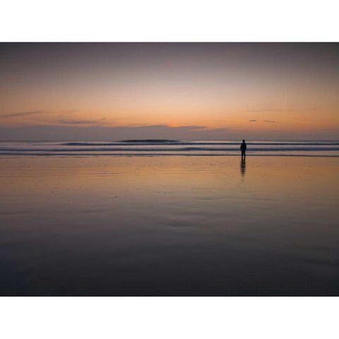 Little boy standing on the beach at dusk Black Modern Wood Framed Art Print with Double Matting by Frank, Assaf