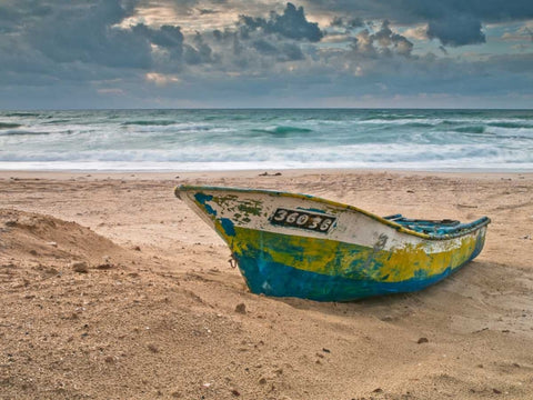 Fishing Boat on the shore, Palmachim Beach, Israel White Modern Wood Framed Art Print with Double Matting by Frank, Assaf