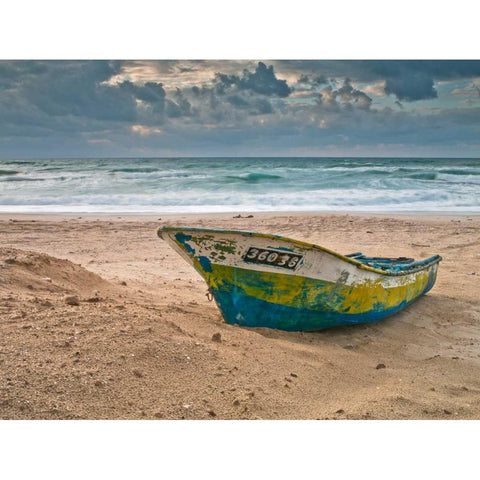 Fishing Boat on the shore, Palmachim Beach, Israel White Modern Wood Framed Art Print by Frank, Assaf