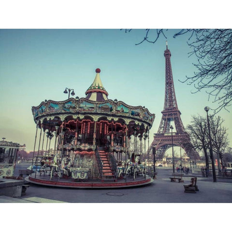 Carousel with the Eiffel tower in the background Black Modern Wood Framed Art Print with Double Matting by Frank, Assaf