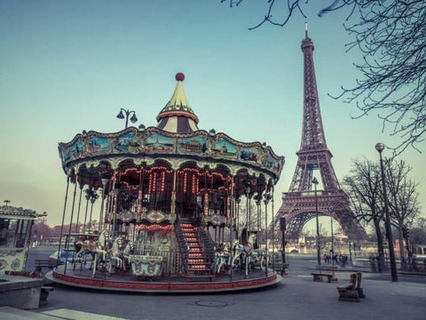 Carousel with the Eiffel tower in the background Black Ornate Wood Framed Art Print with Double Matting by Frank, Assaf