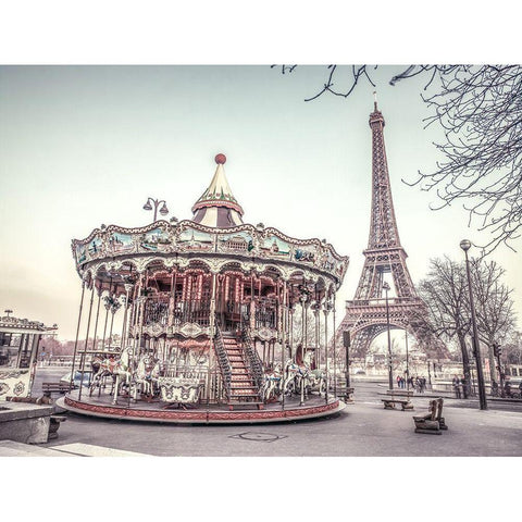 Carousel and the Eiffel tower White Modern Wood Framed Art Print by Frank, Assaf