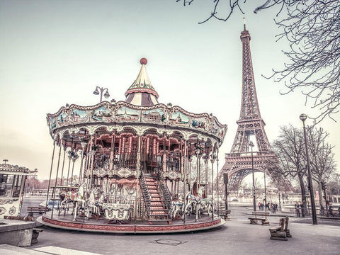 Carousel and the Eiffel tower Black Ornate Wood Framed Art Print with Double Matting by Frank, Assaf