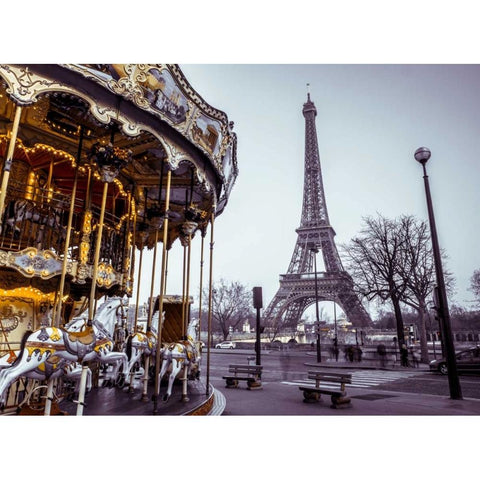 Carousel with the Eiffel tower in the background Black Modern Wood Framed Art Print with Double Matting by Frank, Assaf