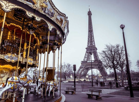 Carousel with the Eiffel tower in the background Black Ornate Wood Framed Art Print with Double Matting by Frank, Assaf