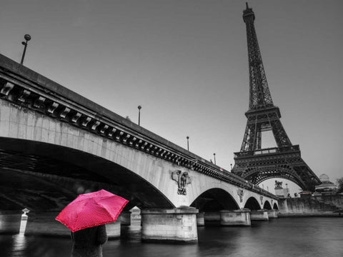 Bridge over river Siene with Eifflel tower in background, Paris, France White Modern Wood Framed Art Print with Double Matting by Frank, Assaf