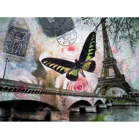 Eiffel tower with butterfly and roses overlay White Modern Wood Framed Art Print by Frank, Assaf