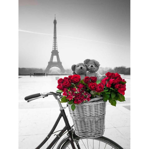 Teddy Bears and bunch of red roses on bicycle with Eiffel tower in the background White Modern Wood Framed Art Print by Frank, Assaf