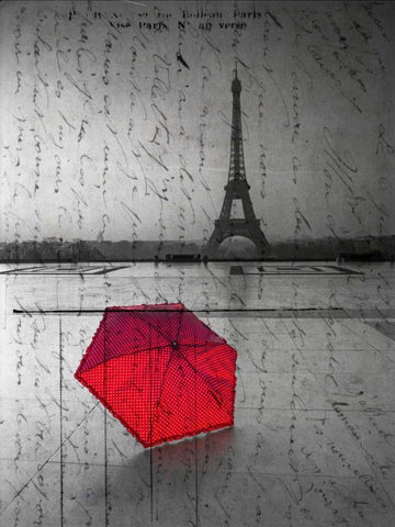 Red umbrella in front of the Eiffel tower with handwritting overlay White Modern Wood Framed Art Print with Double Matting by Frank, Assaf