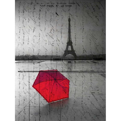 Red umbrella in front of the Eiffel tower with handwritting overlay White Modern Wood Framed Art Print by Frank, Assaf