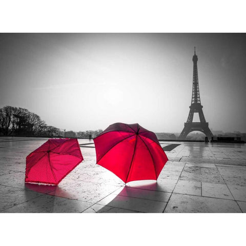 Two Umbrellas in front of the Eiffel tower, Paris, France White Modern Wood Framed Art Print by Frank, Assaf