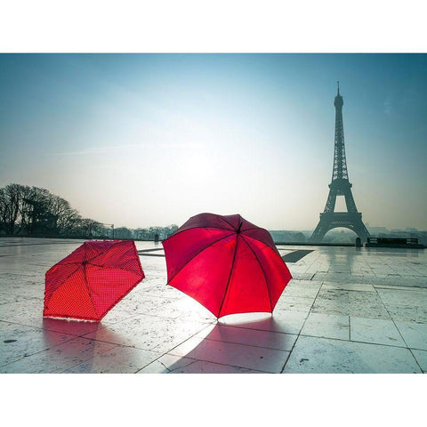 Umbrellas and Eiffel tower Black Modern Wood Framed Art Print with Double Matting by Frank, Assaf