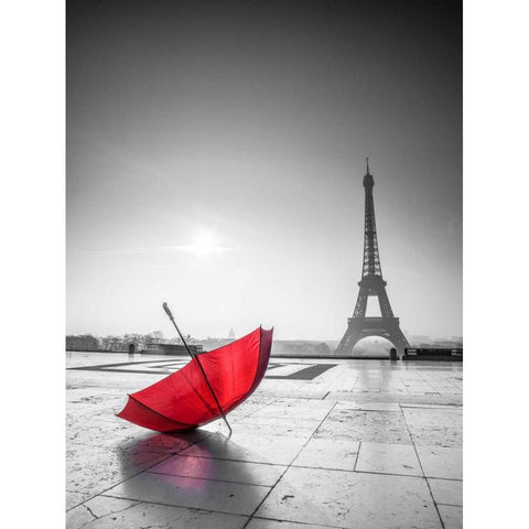 Umbrella in front of the Eiffel tower, Paris, France Black Modern Wood Framed Art Print with Double Matting by Frank, Assaf