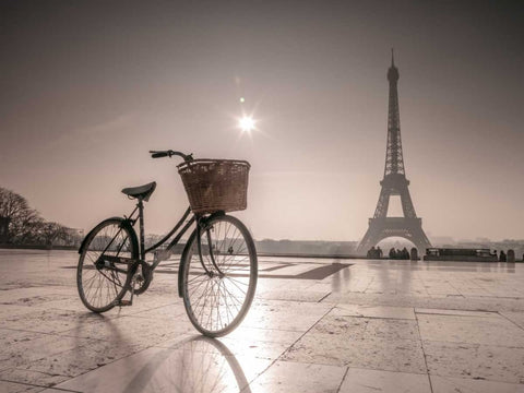 Bicycle in front of Eiffel tower, Paris, France White Modern Wood Framed Art Print with Double Matting by Frank, Assaf