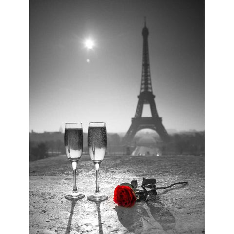 Champagne glasses with red rose next to the Eiffel tower Gold Ornate Wood Framed Art Print with Double Matting by Frank, Assaf