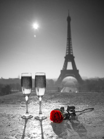 Champagne glasses with red rose next to the Eiffel tower White Modern Wood Framed Art Print with Double Matting by Frank, Assaf