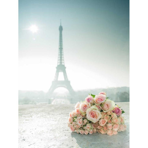 Bunch of roses next to the Eiffel tower White Modern Wood Framed Art Print by Frank, Assaf