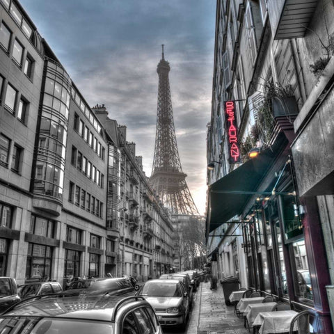 Eiffel tower from city street, Paris, France White Modern Wood Framed Art Print with Double Matting by Frank, Assaf