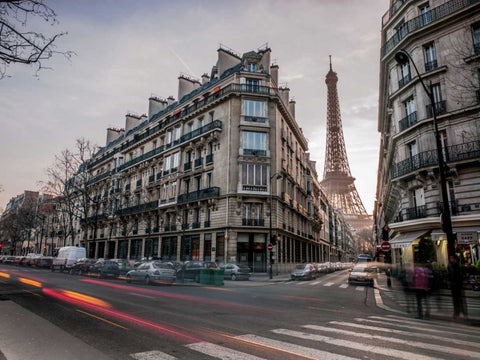 Eiffel tower from city street, Paris, France White Modern Wood Framed Art Print with Double Matting by Frank, Assaf