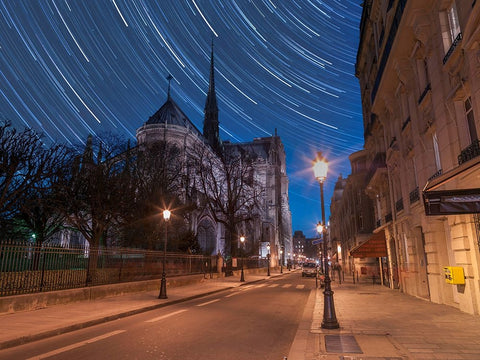 Star Trails above Notre-Dame de Paris White Modern Wood Framed Art Print with Double Matting by Frank, Assaf