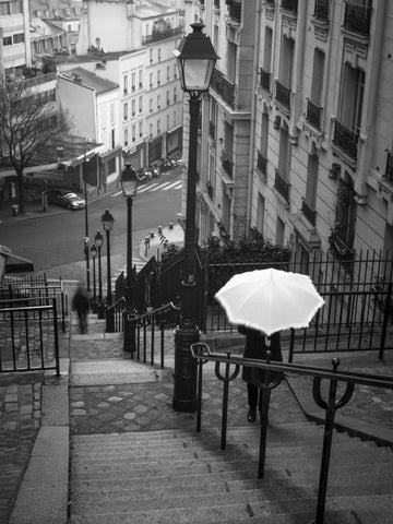 Woman with white umbrella standing on staircase in Montmartre, Paris, France White Modern Wood Framed Art Print with Double Matting by Frank, Assaf