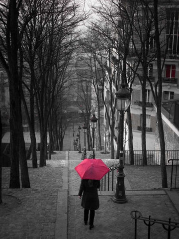 Woman with red umbrella standing on staircase in Montmartre, Paris, France Black Ornate Wood Framed Art Print with Double Matting by Frank, Assaf