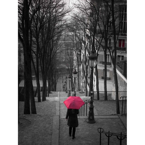 Woman with red umbrella standing on staircase in Montmartre, Paris, France Black Modern Wood Framed Art Print with Double Matting by Frank, Assaf