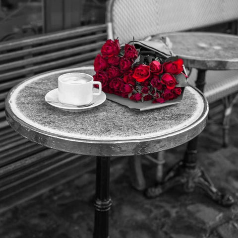 Bunch of flowers on sidewalk cafe table, Paris, France White Modern Wood Framed Art Print by Frank, Assaf