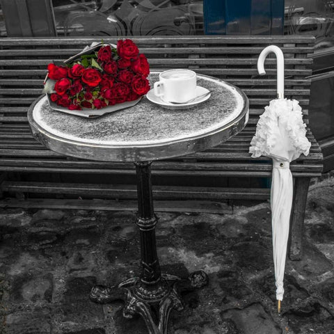 Bunch of flowers on sidewalk cafe table, Paris, France Gold Ornate Wood Framed Art Print with Double Matting by Frank, Assaf