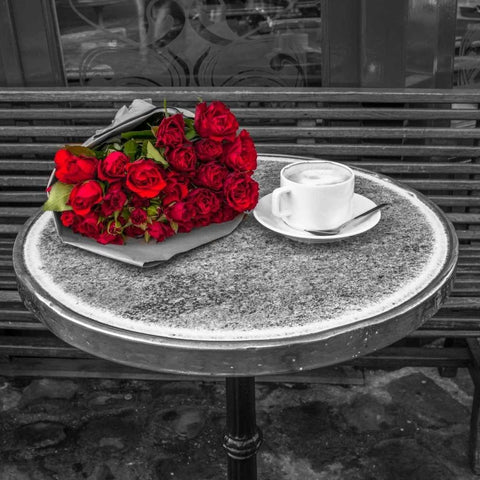 Bunch of flowers on sidewalk cafe table, Paris, France Black Modern Wood Framed Art Print with Double Matting by Frank, Assaf