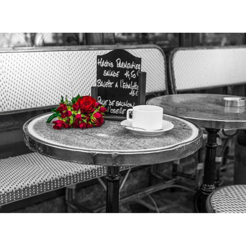 Bunch of flowers on sidewalk cafe table, Paris, France White Modern Wood Framed Art Print by Frank, Assaf