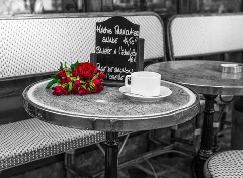 Bunch of flowers on sidewalk cafe table, Paris, France White Modern Wood Framed Art Print with Double Matting by Frank, Assaf