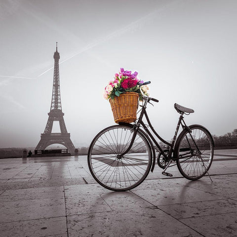 Bicycle with a basket of flowers next to the Eiffel tower White Modern Wood Framed Art Print by Frank, Assaf