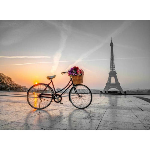 Bicycle with a basket of flowers next to the Eiffel tower, Paris, France White Modern Wood Framed Art Print by Frank, Assaf