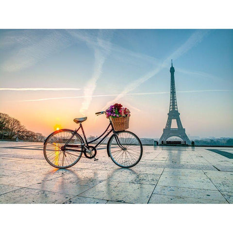 Bicycle and Eiffel tower White Modern Wood Framed Art Print by Frank, Assaf