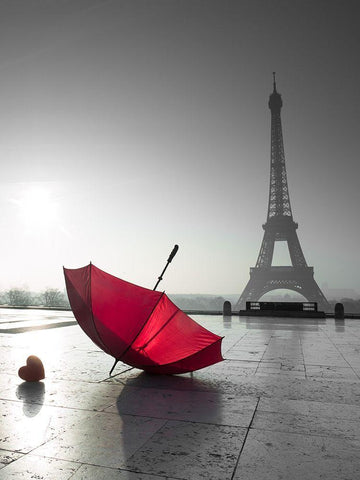 Two umbrellas next to the Eiffel tower White Modern Wood Framed Art Print with Double Matting by Frank, Assaf