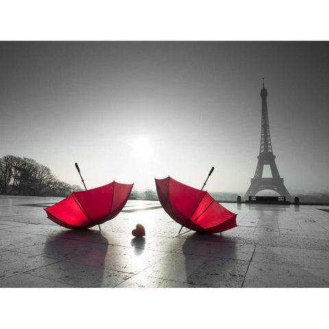 Two umbrellas next to the Eiffel tower Black Modern Wood Framed Art Print with Double Matting by Frank, Assaf