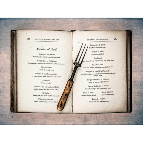 Old cookery book open with an old fork spoon White Modern Wood Framed Art Print by Frank, Assaf