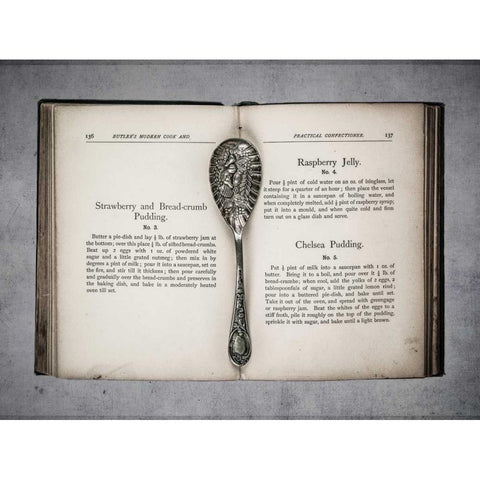 Old cookery book open with an old jam spoon Black Modern Wood Framed Art Print with Double Matting by Frank, Assaf