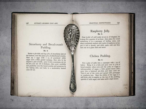 Old cookery book open with an old jam spoon White Modern Wood Framed Art Print with Double Matting by Frank, Assaf