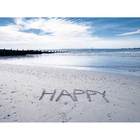 HAPPY message written in smooth sand at the beach White Modern Wood Framed Art Print by Frank, Assaf