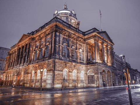 Town Hall Building at night, Liverpool, FTBR-1869 White Modern Wood Framed Art Print with Double Matting by Frank, Assaf