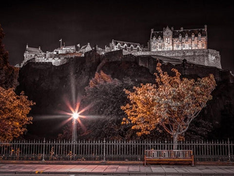 Edinburgh Castle at night, FTBR-1859 White Modern Wood Framed Art Print with Double Matting by Frank, Assaf