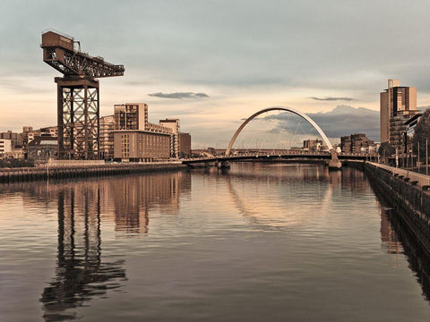 View along the river Clyde, Glasgow, FTBR-1887 White Modern Wood Framed Art Print with Double Matting by Frank, Assaf